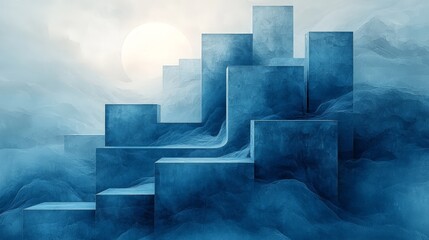 Abstract blue geometric structures rise amidst a misty landscape under a soft sun.