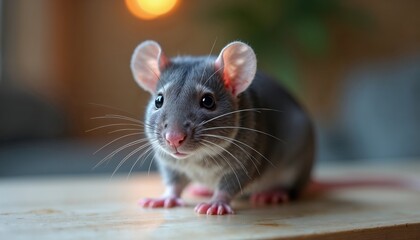 A small rat is comfortably sitting on a wooden table, curiously looking at the camera as if posing for a photograph