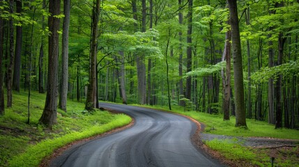 A scenic view of a winding road surrounded by trees in a dense forest