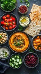 Colorful spread of Mediterranean dips and fresh vegetables arranged beautifully.