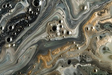 A close-up view of a mixture of oil and water with distinct layers