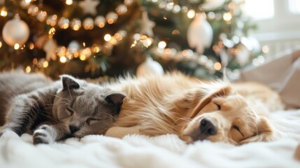 A dog and cat nap peacefully together by a Christmas tree, celebrating warmth and companionship during the festive season.