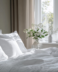 inspired bedroom with beautiful combination of linen bedding and pillows in white colors.