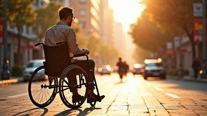 Obraz premium A man who uses a wheelchair is comfortably sitting on the sidewalk, enjoying his surroundings and taking in the sights of the day