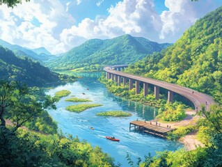 Scenic River Valley with Bridge and Kayakers.