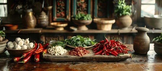 Fototapeta premium Vibrant and colorful assortment of fresh vegetables herbs and spices displayed on a rustic wooden table creating a welcoming and appetizing culinary scene