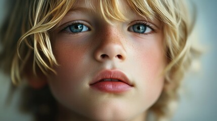 Naklejka premium A close-up shot of a young child's face featuring bright blue eyes