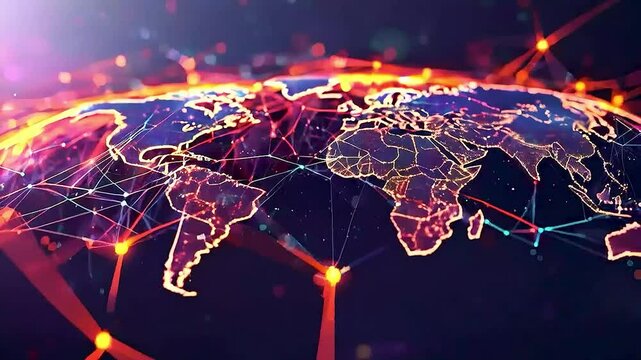 a world map  a world map  with  a glowing red light  and  a network  of lines connecting the continentswith  a glowing red light  and  a network  of lines connecting the continents
