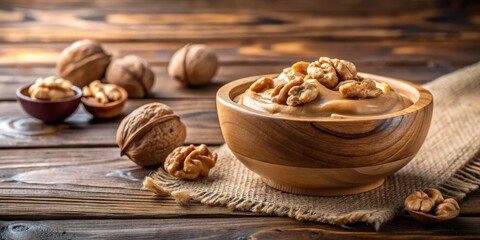 Fototapeta premium Creamy Nut Butter Spread in a Wooden Bowl Surrounded by Whole Nuts on a Rustic Wooden Table