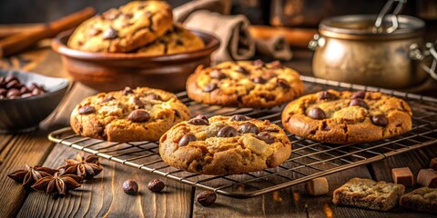Freshly baked chocolate chip cookies cooling on a wire rack, with a bowl of more cookies and a bowl of chocolate chips in the background.