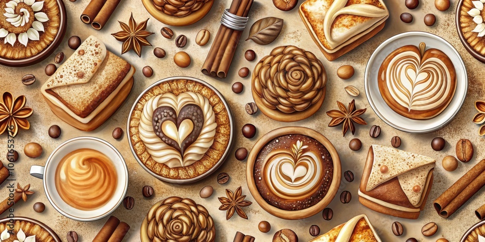 Poster a seamless pattern featuring coffee cups, pastries, and spices, creating a warm and inviting visual 