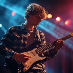 Obraz premium Rock guitarist performing on stage with lights and energy