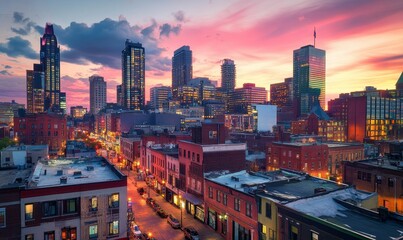 Fototapeta premium City skyline at sunset with street view.