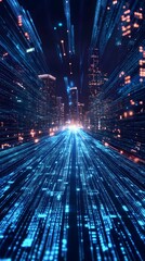 Fototapeta premium Dynamic digital skyline with glowing data streams in a futuristic city at night.