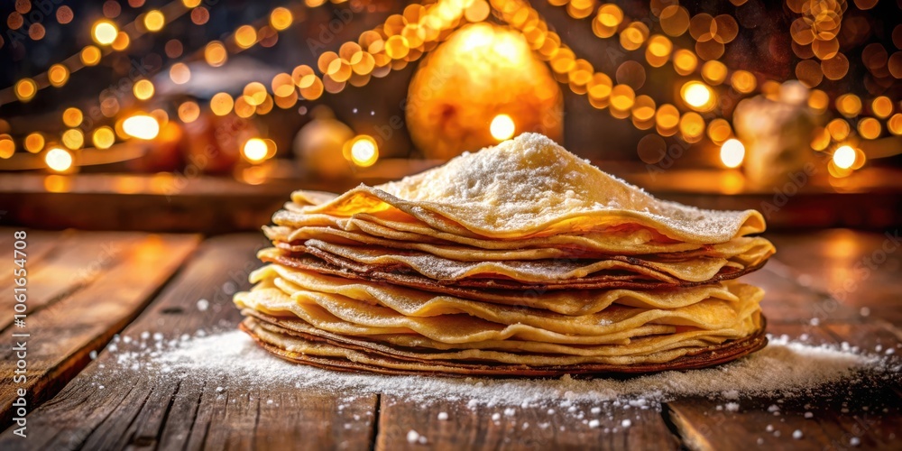 Poster golden brown crepes dusted with powdered sugar on a rustic wooden table illuminated by warm bokeh li