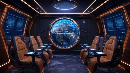 Futuristic Spacecraft Control Room with Earth View Through Circular Window
