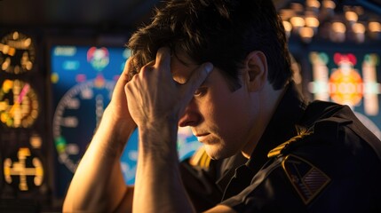 Pilot sitting in cockpit, looking frustrated and holding head, surrounded by flight instruments and control panels, capturing stress and responsibility in aviation, pilot error concept.