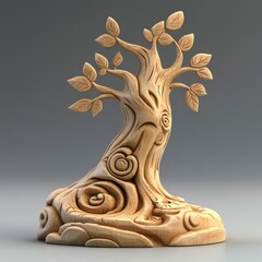 Whimsical Wooden Tree Sculpture with Swirling Branches and Leaves