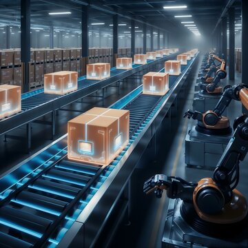 Smart warehouse management system using augmented reality technology to identify package picking and delivery . Future concept of supply chain, logistic business, modern IoT integrated smart warehouse