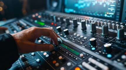 Obraz premium Hand skillfully adjusts sound controls on a vibrant audio mixing board, surrounded by a symphony of colorful lights.