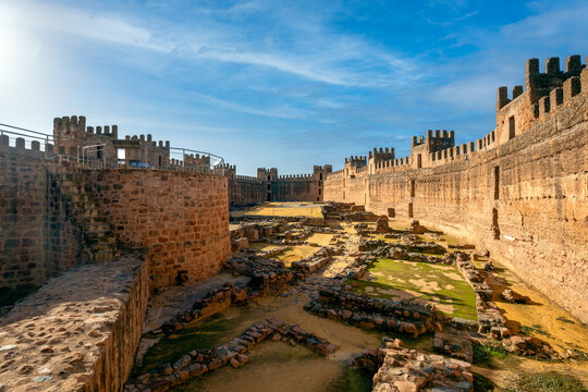 View of the interior of the medieval castle of Burgalimar in Baos de la Encina, Jan, Andalusia, Spain with morning light