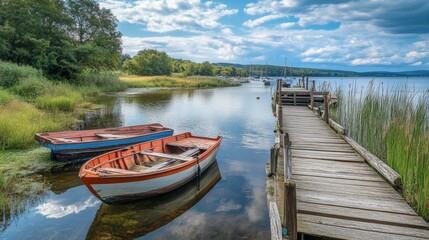 Fototapeta premium Wooden Dock at a Tranquil Lake with Boats
