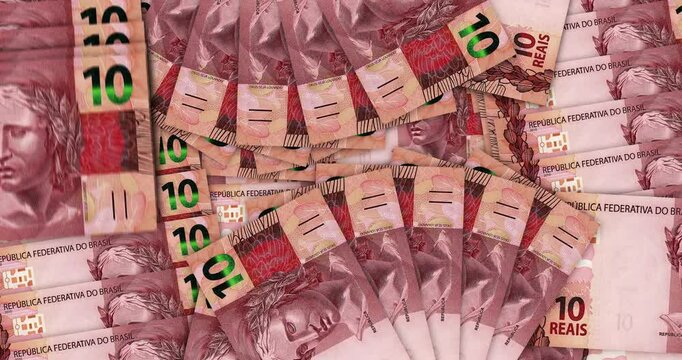 Brazil money Brazilian Real banknotes in a cash fan mosaic pattern loop. 1000 MZN notes. Abstract concept of bank, finance, economy seamless and looped design background.