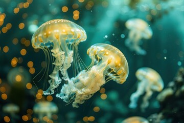 Fototapeta premium Golden jellyfish swimming peacefully in deep ocean water
