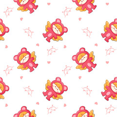 Cupid boy in cosplay costume pink bear. Cartoon so cute. On archer herat and white background. Pattern seamless vector illustration.for valentine Day.