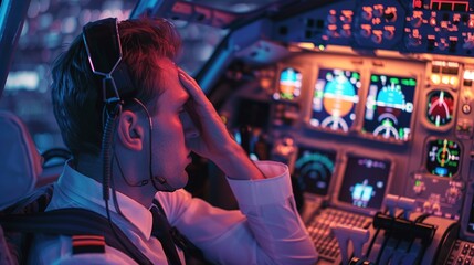 Fototapeta premium Pilot sitting in cockpit, looking frustrated and holding head, surrounded by flight instruments and control panels, capturing stress and responsibility in aviation, pilot error concept.