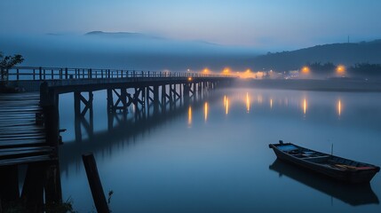 Fototapeta premium Foggy Morning Landscape with Bridge and Boat.