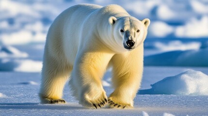 Polar bear walking on the ice in the Arctic, with a vast expanse of snow and ice around. Solitary figure in a frozen wilderness.