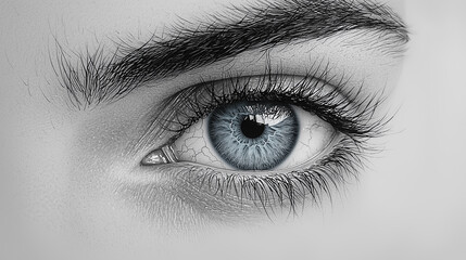 Close-up, detailed eye of a woman with a blue iris, against a white background, in black and white photography, high resolution.