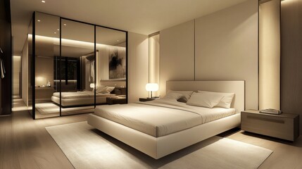 Modern Bedroom Interior Design with Sliding Doors and a Minimalist Aesthetic.