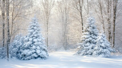 Snow-covered forest with tall trees laden with snow, creating a winter wonderland. Serene and captivating winter scenery.