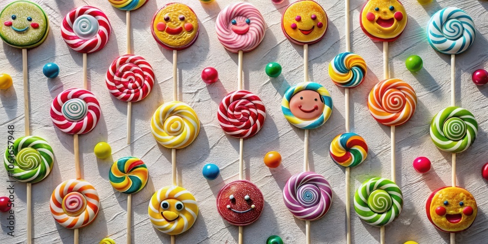 Poster A colorful array of lollipops with swirls and smiley faces, resting on a white textured surface, casting playful shadows in the sunlight.