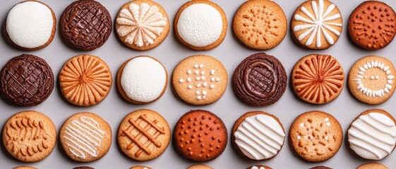 A colorful arrangement of assorted cookies with various textures and designs, showcasing delightful patterns and flavors.