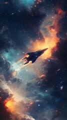Naklejka premium Futuristic spacecraft soaring through a vibrant cosmic landscape.