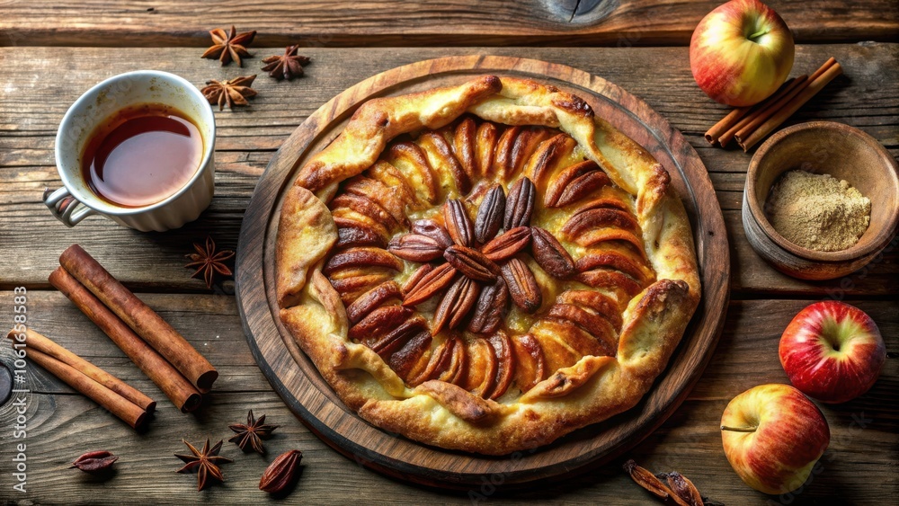 Poster a rustic autumnal table scene featuring a freshly baked apple pie with pecan topping, cinnamon stick