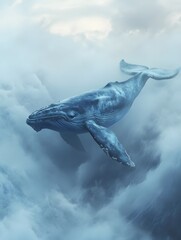 Fototapeta premium A blue whale soars in a cloudy and foggy sky creating a mysterious atmosphere with shades of gray and blue