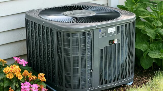 A central air conditioning unit sits outside a home, surrounded by flowers and green shrubs