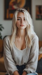 Fototapeta premium Portrait of a young Caucasian woman with long blonde hair in a cozy setting.