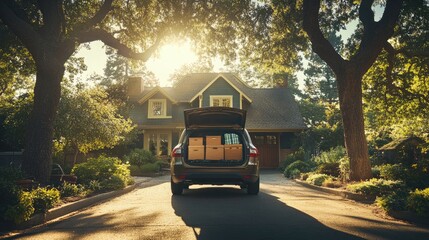 Obraz premium A Family SUV Packed with Luggage in Front of a Cozy Home, Ready for a Road Trip Adventure, Surrounded by Sunlight and Trees