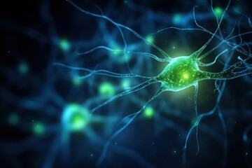 Minimalist of neurons with an green and yellow light medical blue illuminated.