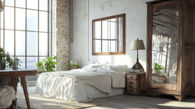 Bohemian Bedroom Interior Design with White Bed and Wooden Furniture.