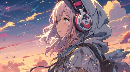 anime woman listening to music wearing headphones against sunset background