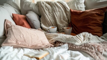 Fototapeta premium A soft, inviting nook with an array of plush pillows and blankets invites you to unwind with a steaming cup of tea, offering comfort and tranquility.