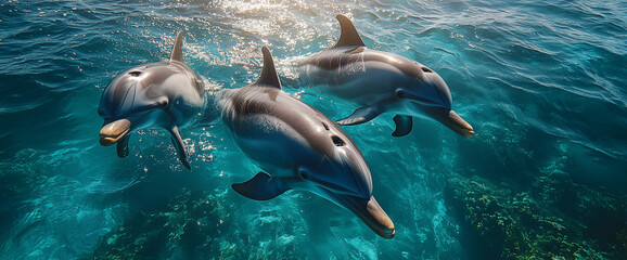 Obraz premium Group of dolphins swimming in the turquoise waters. Aerial view