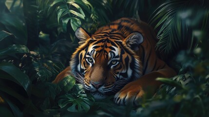 Fototapeta premium A tiger resting in the midst of a dense jungle, surrounded by lush green foliage and vibrant flowers