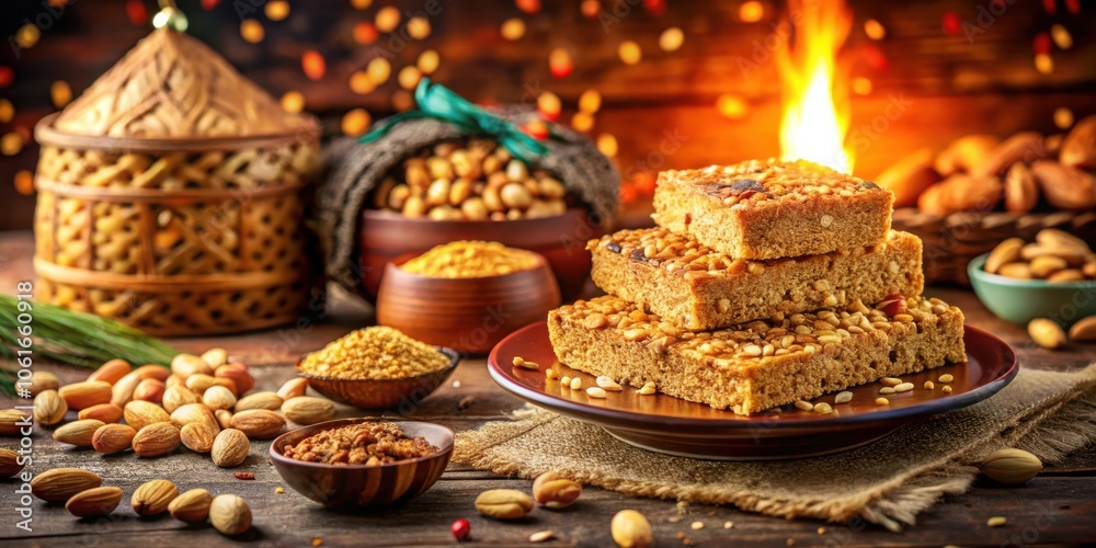 Aufkleber A Stack of Sweet Nutty Squares on a Rustic Wooden Table with Scattered Nuts and a Bowl of Toasted Seeds